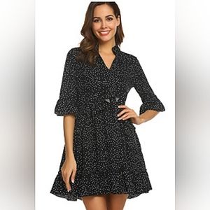 NWT Ruffle V Neck Polka Dot Swing Loose Casual Dresses w/ Pockets Black Size XS